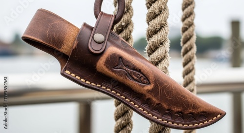 Leather knife sheath hanging on rope with waterfront background