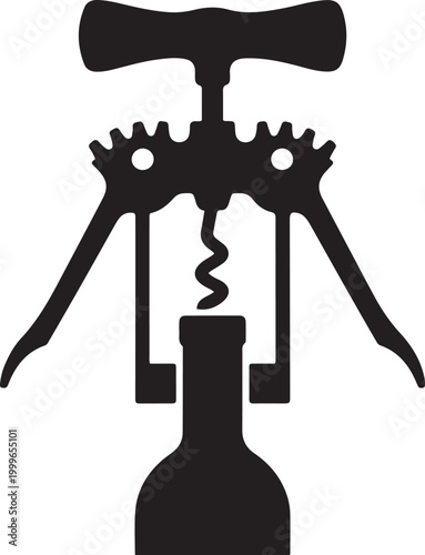 Opening wine with corkscrew spiral, balck icon silhouette vector