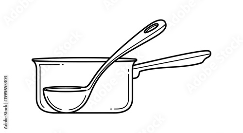 Simple line drawing of a saucepan with a ladle inside.