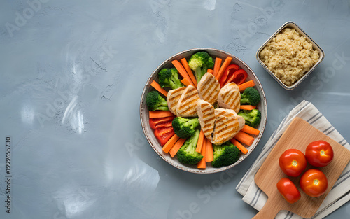 Grilled chicken breast with broccoli, carrots, and bell pepper salad, quinoa