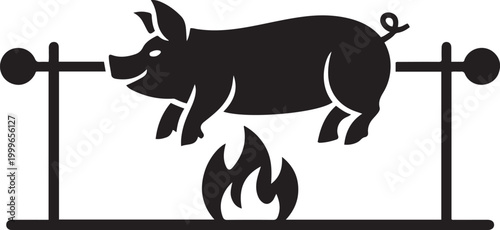 Fotografie pig roasting on spit, balck icon silhouette vector