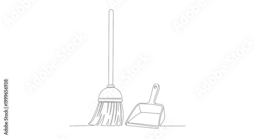 Continuous line drawing of a broom and dustpan essential cleaning tools for home maintenance.