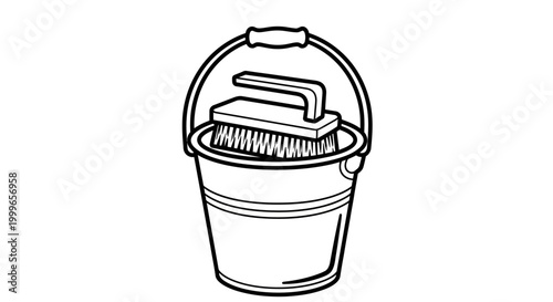 Cleaning bucket and scrub brush line art illustration.