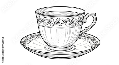 Elegant Teacup and Saucer with Ornate Details Line Art.
