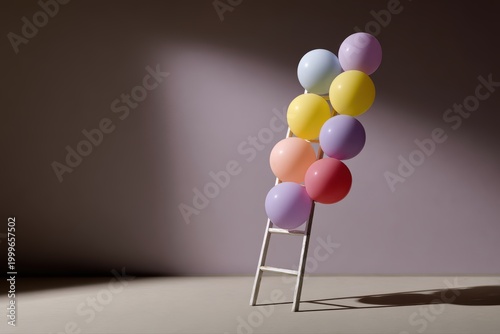 Ladder made of colorful balloons under spotlight, surreal concept with soft shadow play