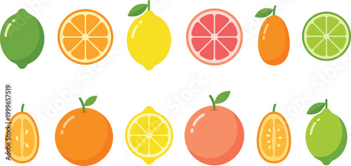 Colorful Citrus Fruits Icons Set with Lemons, Oranges, Grapefruit, and Lime for Food, Beverage, and Healthy Lifestyle Design