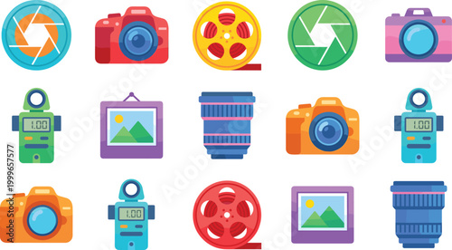 Colorful Photography and Camera Icons Featuring Lenses, Film Reels, and Digital Devices for Web and App Design