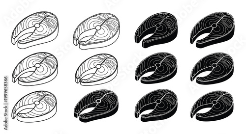 fish steak slices in various styles including line art and silhouette high quality professional detailed modern elegant stylish clean crisp vibrant