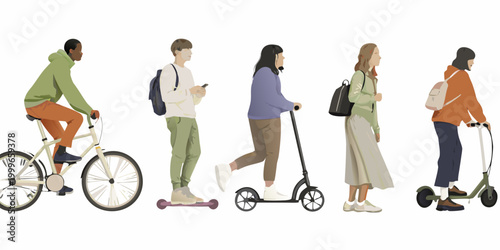 five people using various urban mobility modes