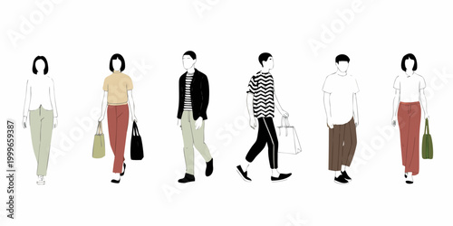 six pedestrians walking in mixed styles on white background