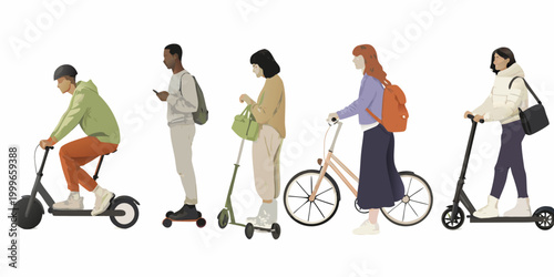 five people using urban mobility vehicles vector illustration