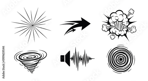 set of six graphic elements including explosion sound wave and arrow silhouette high quality professional detailed modern elegant stylish clean crisp
