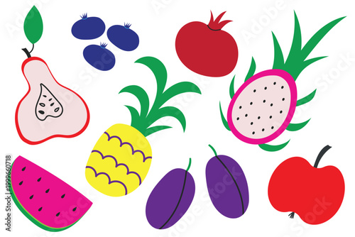 A set of brightly colored fruits and berries on a white background: half a pear, blueberries, pineapple, watermelon, pomegranate, half a dragon fruit (pitahaya), plums, and a red apple. Vector..
