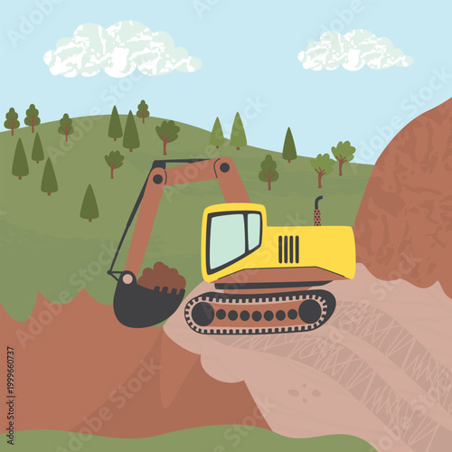 Landscape with an excavator digging a ditch. Cartoon tractor with a bucket against the background of green hills with trees and a sky with clouds. Environment vector illustration in flat colors style.