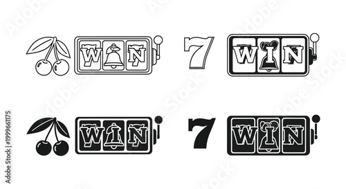 slot machine symbols including cherries lucky seven and win text silhouette high quality professional detailed modern elegant stylish clean crisp vibrant