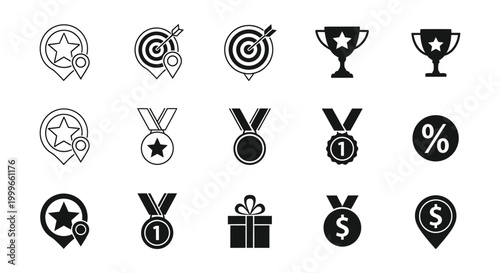 set of achievement icons in black and white silhouette high quality professional detailed modern elegant stylish clean crisp vibrant colorful digital
