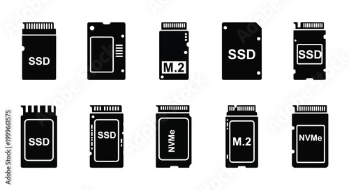 various ssd storage devices in black silhouette high quality professional detailed modern elegant stylish clean crisp vibrant colorful digital creative innovative