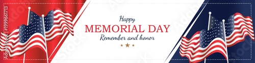 Wide patriotic banner with USA flags on red and blue background. Template for website headers, social media covers and digital marketing to celebrate Memorial Day, remember fallen heroes.