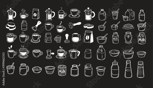 A collection of white line drawings of various coffee and food items on a black background