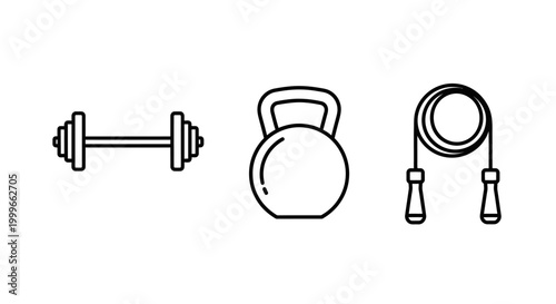 Gym equipment illustration dumbbell kettlebell and jump rope on white