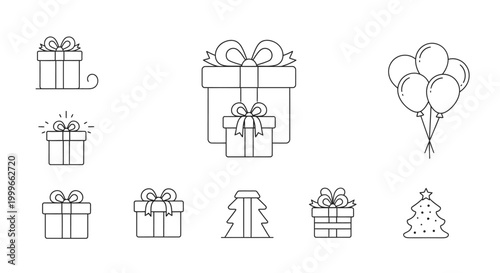 Festive gift boxes and balloons holiday line art icons for design elements