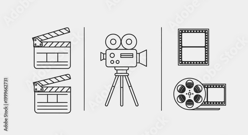 Film and cinema icons set clapperboard camera and film reels