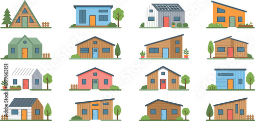 Colorful vector collection of modern tiny houses residential cabins and eco friendly suburban home buildings