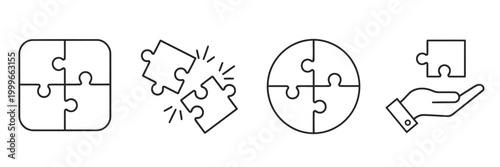Puzzle pieces icon set. Puzzle jigsaw outline icons on white background.