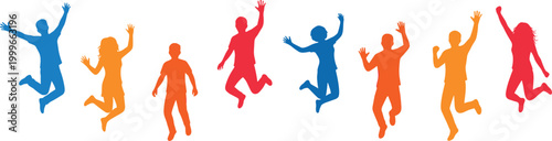 crowd of people silhouettes with raised hands, cheering audience at concert or party, group of happy human figures celebrating success on transparent background