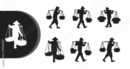 A set of black and white silhouettes of people carrying baskets on their heads and in their hands
