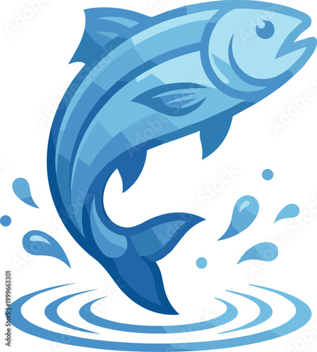 jumping fish logo with water splash and ripples, salmon or trout fish icon for sport fishing, blue sea animal illustration on transparent background