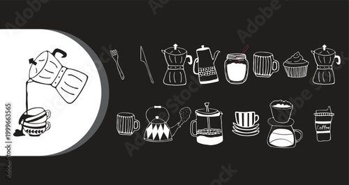 A collection of various coffee-related icons and illustrations on a black background