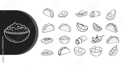 A collection of various Mexican food items including tacos and burritos in a simple line drawing style on a white background