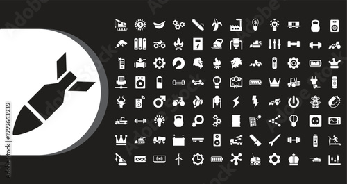 A collection of various white icons on a black background with a large rocket icon on the left side