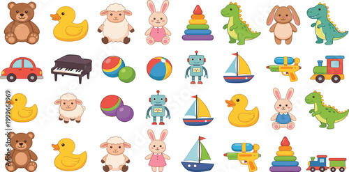 Diverse collection of cute cartoon children toys featuring animals vehicles robots and various fun playthings