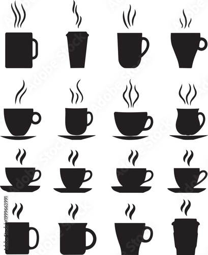 Diverse Coffee Cups Silhouette: An array of stylized coffee cups and mugs, each exuding the aroma of a freshly brewed beverage, rendered in striking silhouette form.