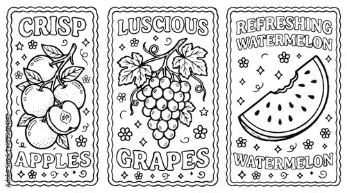  Hand-drawn fruit coloring book pages set featuring apple, grape, and watermelon panels with vintage decorative borders, whimsical line art illustrations and bold labels. 