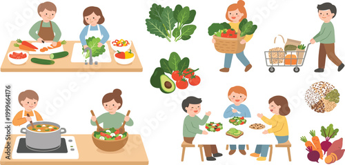 Diverse people characters purchasing fresh vegetables at greengrocery and cooking healthy salad vector illustration