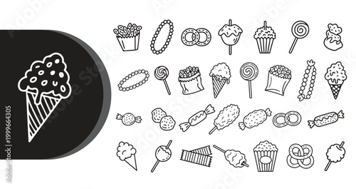 A collection of various sweet treats and desserts including ice cream cones cupcakes lollipops and candies in a black and white line drawing style