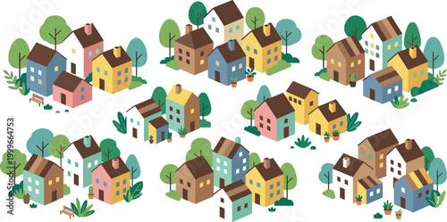 Isometric vector collection of colorful small houses cute residential neighborhoods and suburban village buildings