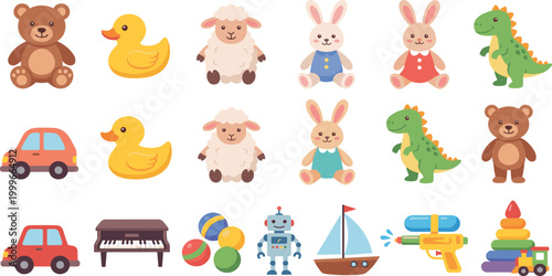 Large vector collection of cute cartoon children toys featuring animals vehicles robots and musical instruments