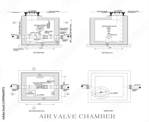 Detailed engineering drawing of air valve chamber with technical specifications