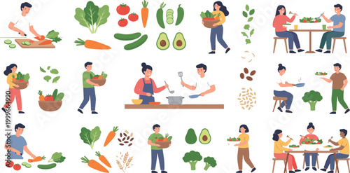 People preparing organic meals harvesting fresh vegetables and eating healthy food together vector illustration set