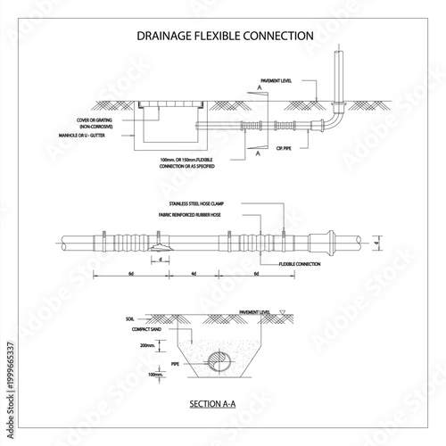Technical drawing of drainage flexible connection with detailed specifications