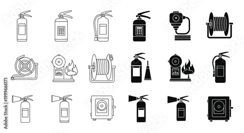 set of fire safety equipment icons in black and white silhouette high quality professional detailed modern elegant stylish clean crisp vibrant