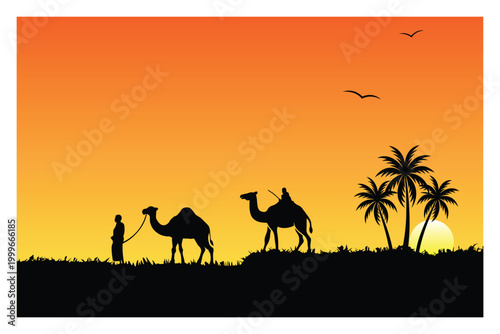 Silhouettes of Camels and People in Desert Sunset Illustration