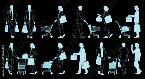 AutoCAD Shopping Cart People CAD Blocks – Supermarket Trolley Customers Multi View Cyan Outline on Black Background