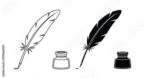 quill pen and inkwell silhouette with black and white contrast high quality professional detailed modern elegant stylish clean crisp vibrant colorful