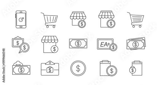 Set of e commerce icons representing online shopping and financial transactions