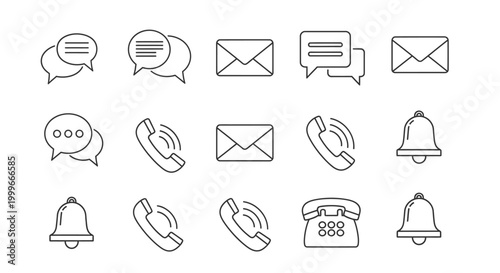 Set of communication icons message bubbles envelopes telephones and bells